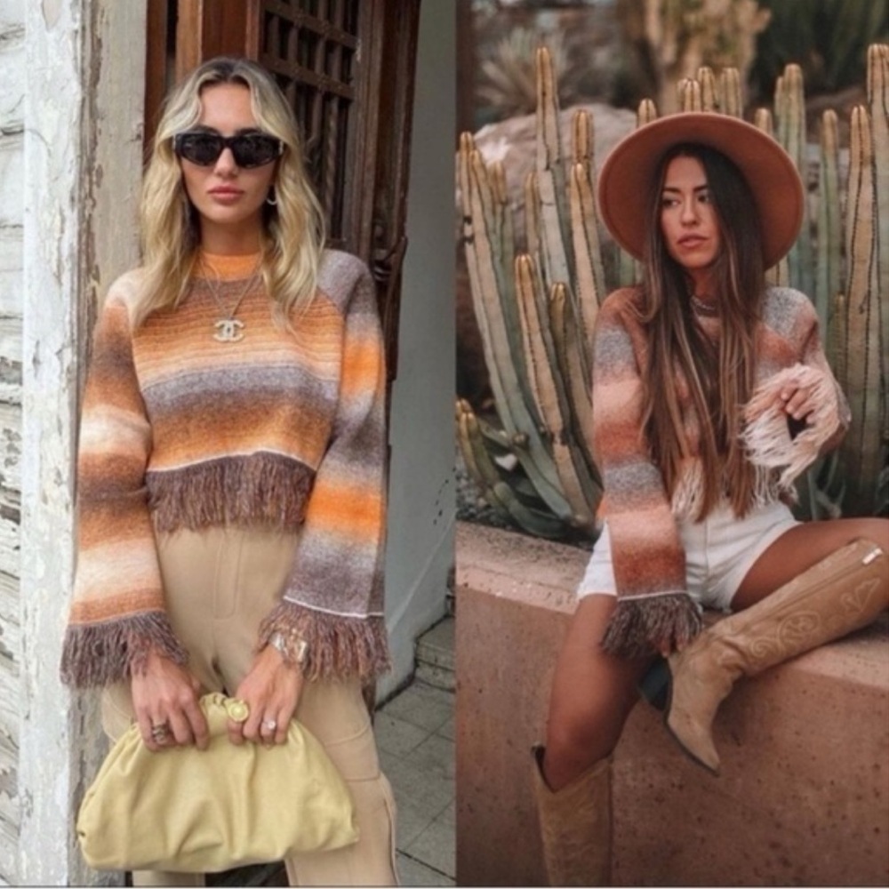 Zara Orange Brown Striped Fringe Sweater - Picture 3 of 13